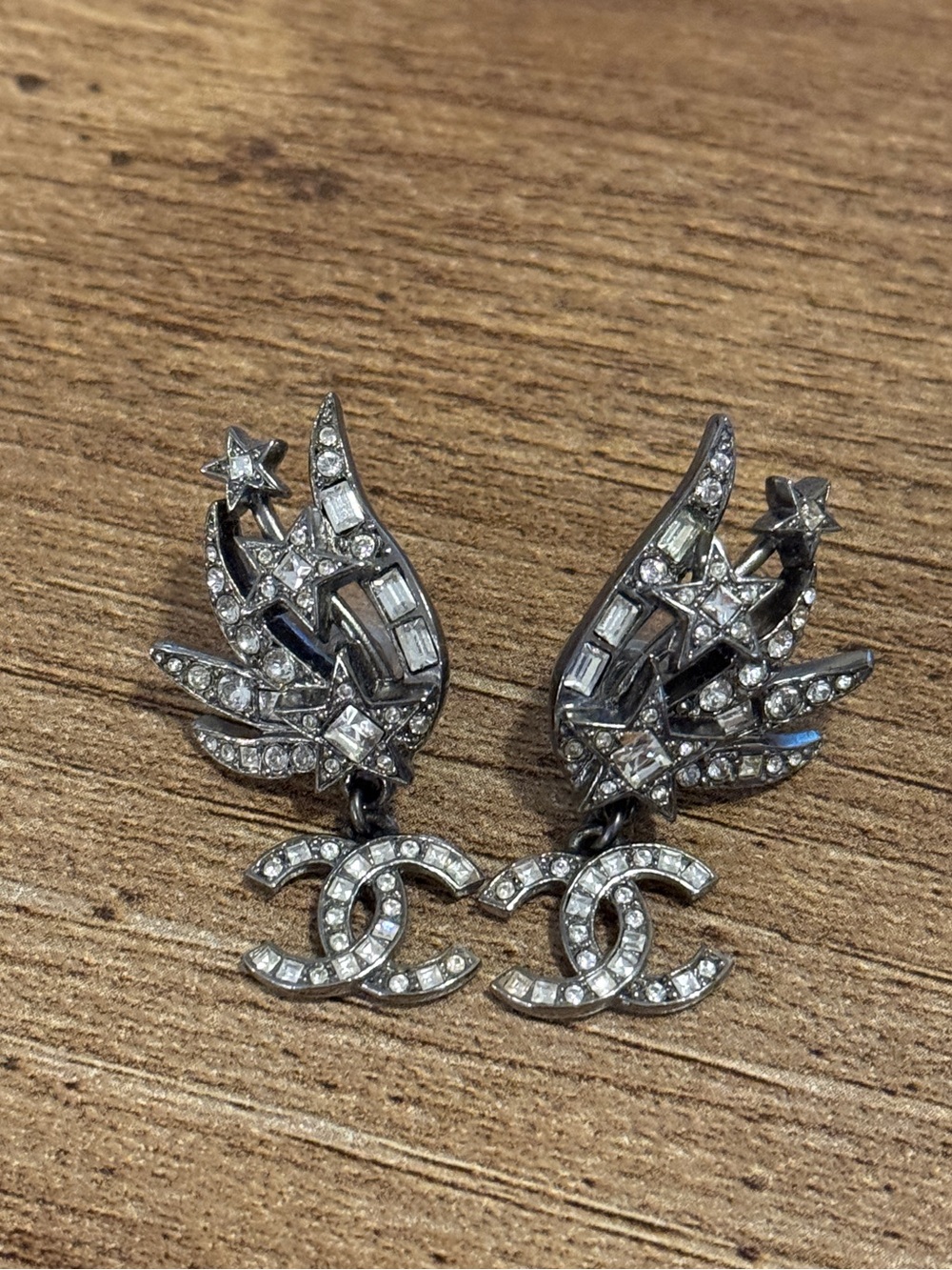 CHANEL Silver Crystal CC Comet Drop Earrings